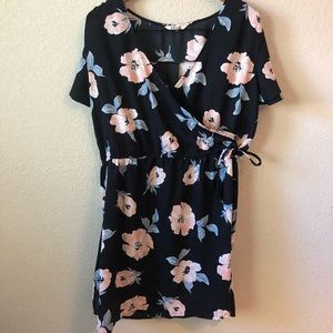 Black Floral Faux Wrap Dress